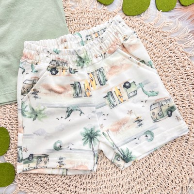  Conj. Camiseta com Bolsinho e Bermuda Praia - Verde e Off White